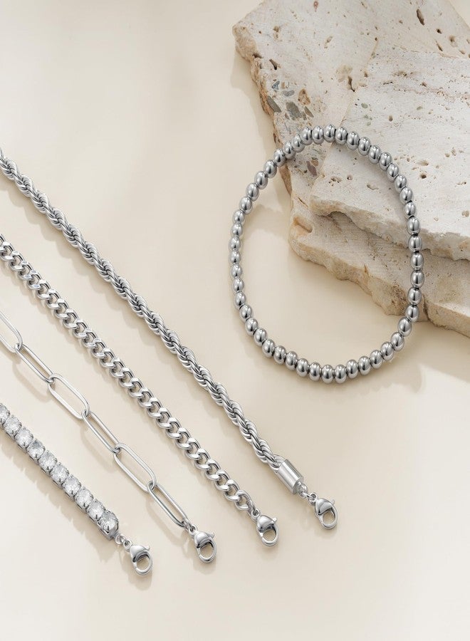 Maxcate Silver Bracelets for Women Trendy Silver Plated Rope Paperclip Cuban Tennis Beaded Link Chain Bracelet Stack Dainty Cubic Zirconia Bracelet Chunky Bracelet Set Silver Jewelry for Women Gifts - Image 5