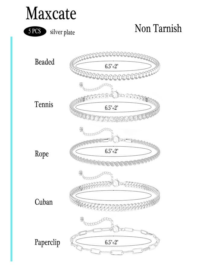 Maxcate Silver Bracelets for Women Trendy Silver Plated Rope Paperclip Cuban Tennis Beaded Link Chain Bracelet Stack Dainty Cubic Zirconia Bracelet Chunky Bracelet Set Silver Jewelry for Women Gifts - Image 3