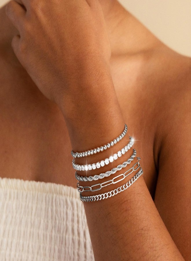 Maxcate Silver Bracelets for Women Trendy Silver Plated Rope Paperclip Cuban Tennis Beaded Link Chain Bracelet Stack Dainty Cubic Zirconia Bracelet Chunky Bracelet Set Silver Jewelry for Women Gifts - Image 2