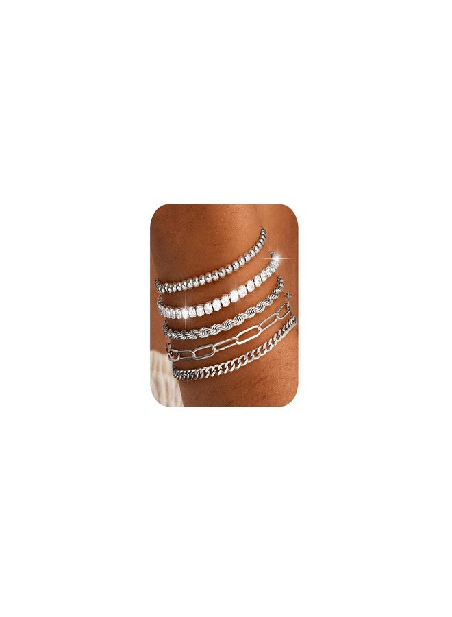 Maxcate Silver Bracelets for Women Trendy Silver Plated Rope Paperclip Cuban Tennis Beaded Link Chain Bracelet Stack Dainty Cubic Zirconia Bracelet Chunky Bracelet Set Silver Jewelry for Women Gifts - Image 1