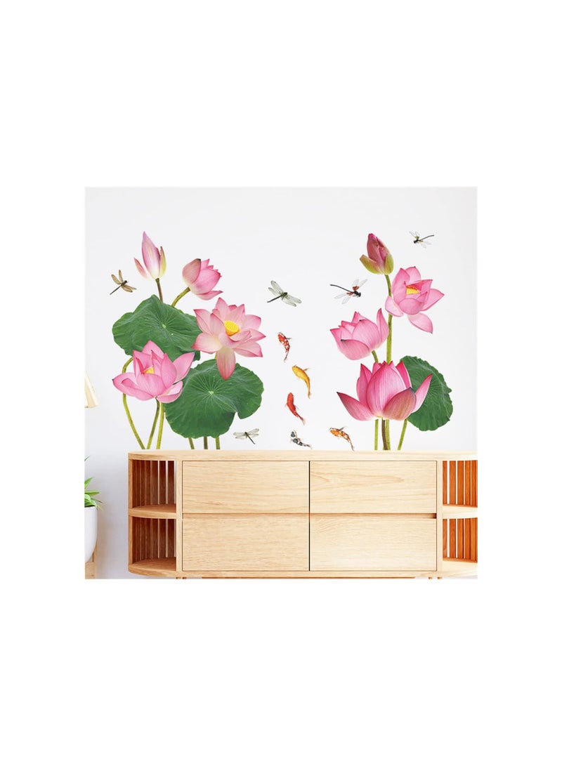 GGOOT Lotus Wall Stickers, Pink Flowers Wall Murals Removable Self Adhesive Decals Wall Art Stickers for Living Room Bedroom Hallway Background Decoration  - Image 4