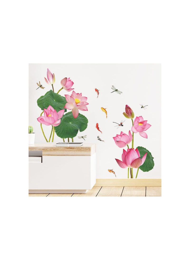 GGOOT Lotus Wall Stickers, Pink Flowers Wall Murals Removable Self Adhesive Decals Wall Art Stickers for Living Room Bedroom Hallway Background Decoration  - Image 3