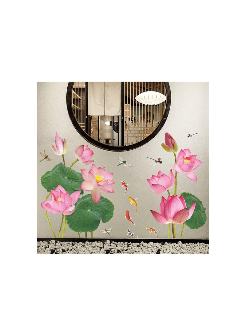 GGOOT Lotus Wall Stickers, Pink Flowers Wall Murals Removable Self Adhesive Decals Wall Art Stickers for Living Room Bedroom Hallway Background Decoration  - Image 5