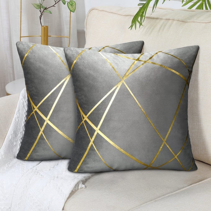 VELVET CUSHION COVER 45 X 45 CM GREY GOLD LINES DECORATIVE PILLOW COVERS GEOMETRY CUSHION LIVING ROOM BEDROOM BENCH CAR CUSHION SOFA SET OF 2