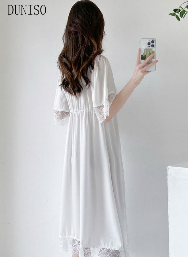 DUNISO Women's Lace Short Sleeve Nightgown Sweet Silk Pajama Dress Sleepwear Girls Comfortable V Neck Nightwear Summer Home Wear  Lounge Dress - Image 5