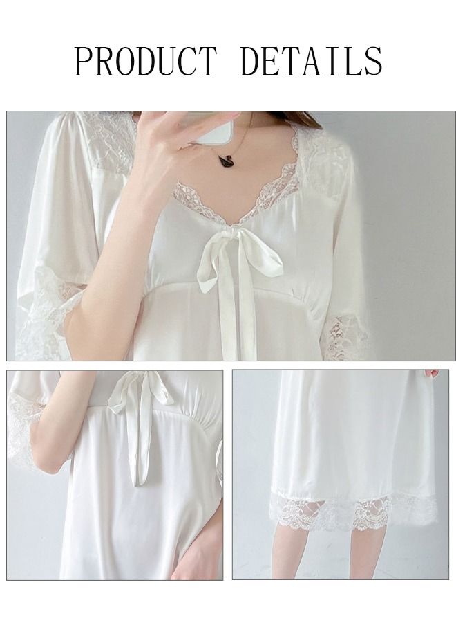 DUNISO Women's Lace Short Sleeve Nightgown Sweet Silk Pajama Dress Sleepwear Girls Comfortable V Neck Nightwear Summer Home Wear  Lounge Dress - Image 4