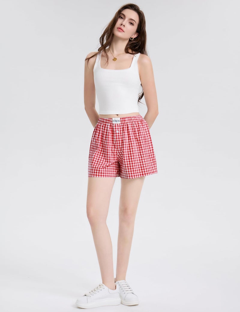 LOMON Boxer Shorts for Women Summer Gingham Pajamas 2026 Lounge Sleep Pj Plaid Shorts Y2K Beach Bottoms with Pockets (Red White Plaid M) - Image 5