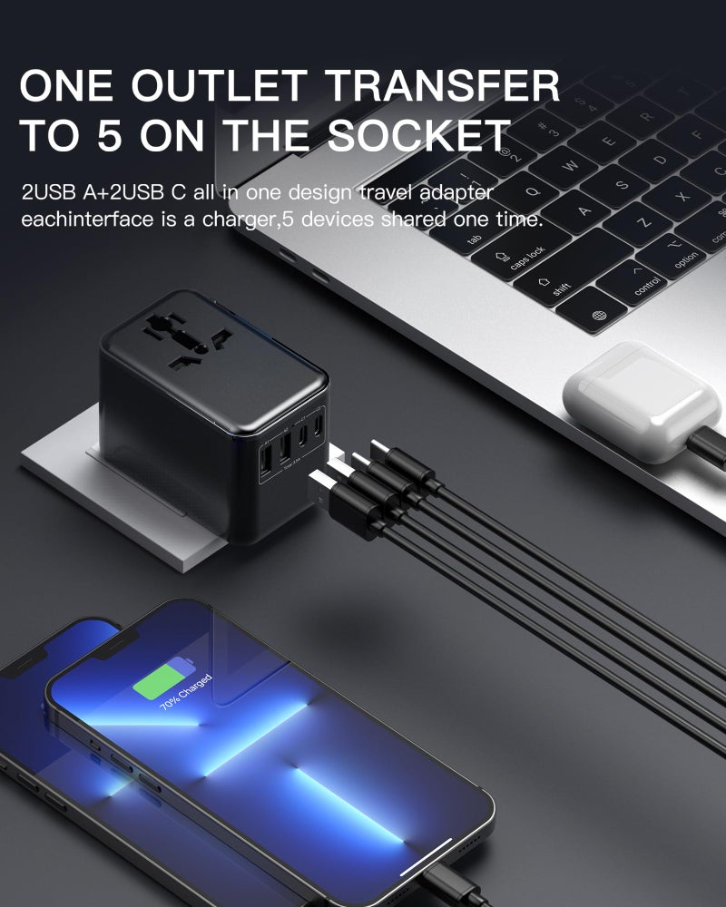 URJD Universal Travel Adapter for India, 6-in-1 Multi Plug with Indian 3-Pin | 2 USB-C + 2 USB-A + AC Socket | Worldwide Travel Charger - Image 3