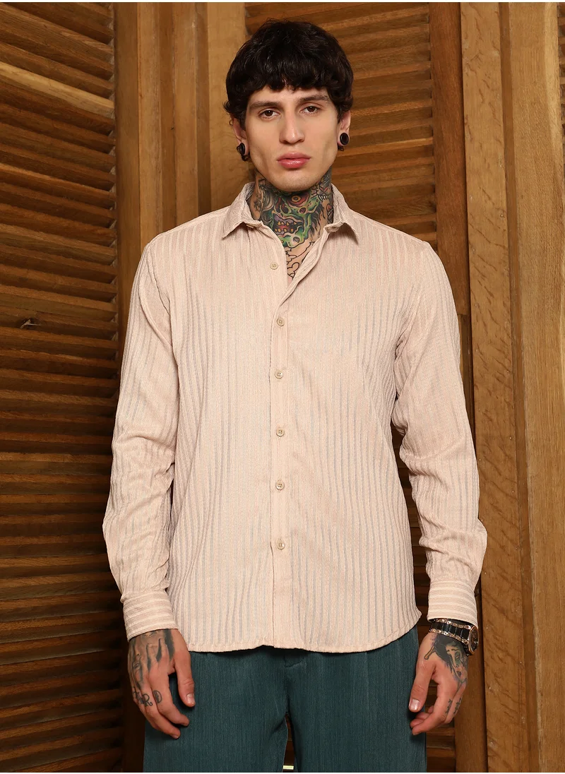 كامبوس سوترا Men's Khaki Beige Ripple-Trough Shirt For Casual Wear | Spread Collar | Long Cuffed Sleeves | Button Closure | Shirt Crafted With Comfort Fit For Everyday Wear