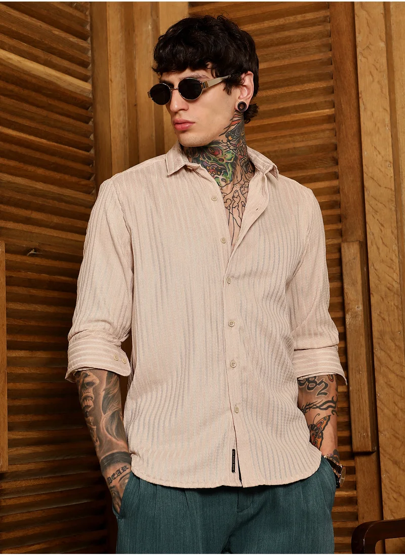 كامبوس سوترا Men's Khaki Beige Ripple-Trough Shirt For Casual Wear | Spread Collar | Long Cuffed Sleeves | Button Closure | Shirt Crafted With Comfort Fit For Everyday Wear