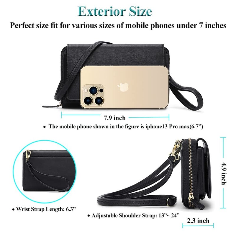 Peacocktion Crossbody Bags for Women Travel RFID Wristlet Wallets Vegan Leather Clutch Purses with Phone Pocket Zipper Gifts Black - Image 4