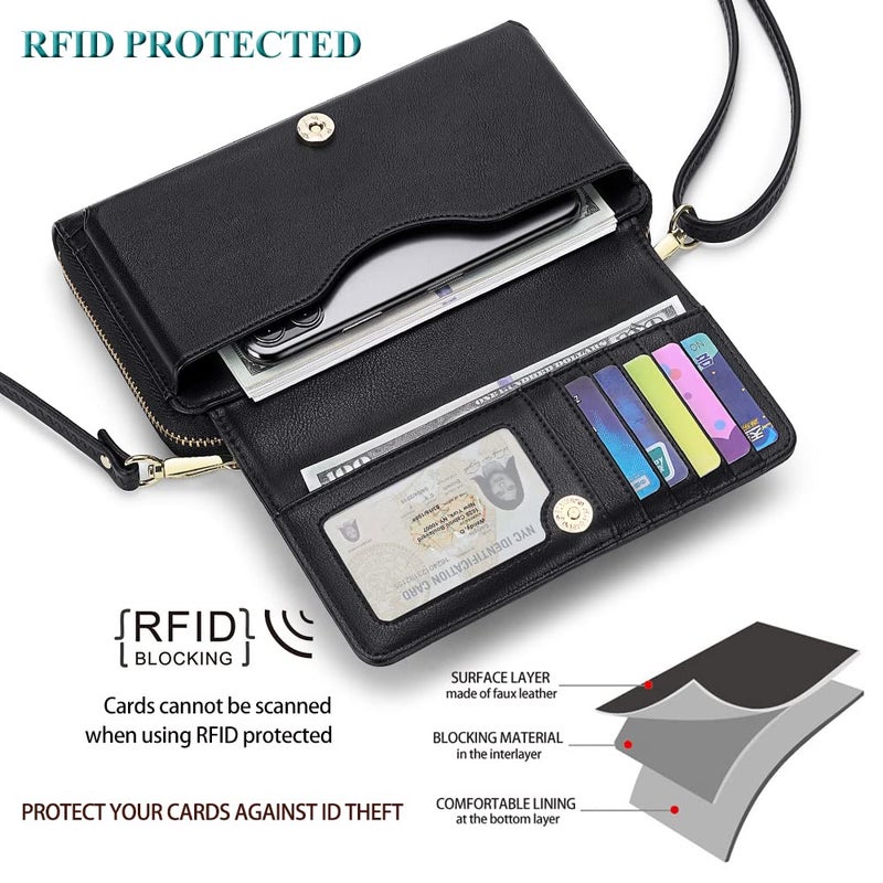 Peacocktion Crossbody Bags for Women Travel RFID Wristlet Wallets Vegan Leather Clutch Purses with Phone Pocket Zipper Gifts Black - Image 3