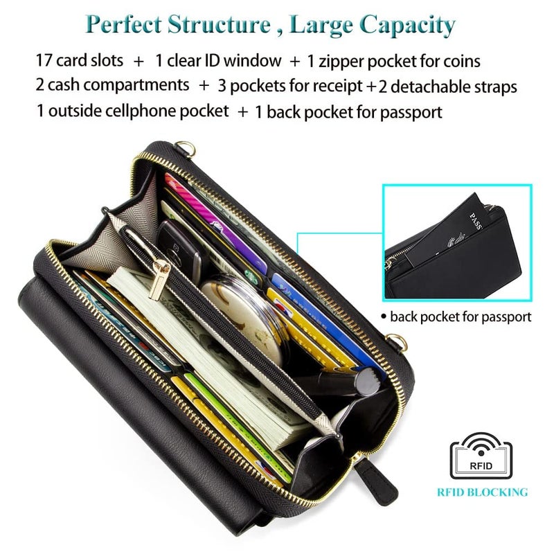 Peacocktion Crossbody Bags for Women Travel RFID Wristlet Wallets Vegan Leather Clutch Purses with Phone Pocket Zipper Gifts Black - Image 2