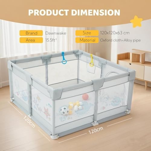 Dawnwake 120 x 120 cm Small Playpen for Baby 6M-3Y, Baby Playard with Anti-Fall Grasp Rings & Safety Lock ((No Mat/No Ball, Non-Foldable)-Grey - Image 2