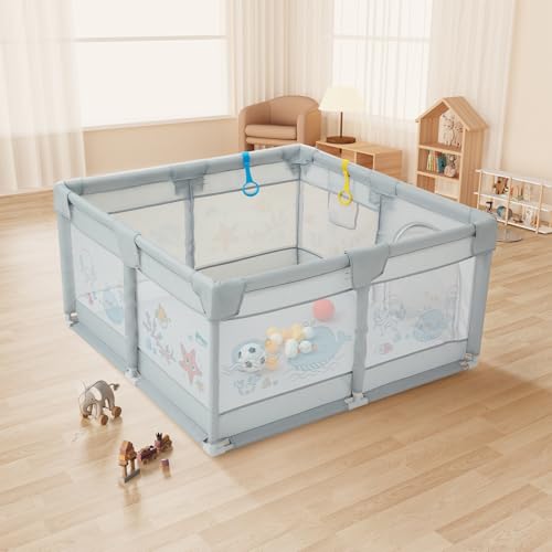 Dawnwake 120 x 120 cm Small Playpen for Baby 6M-3Y, Baby Playard with Anti-Fall Grasp Rings & Safety Lock ((No Mat/No Ball, Non-Foldable)-Grey - Image 1
