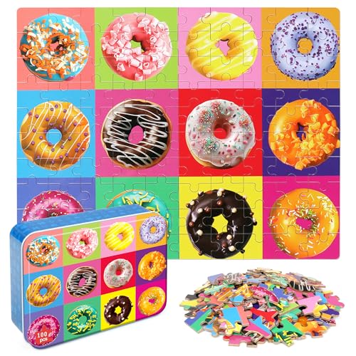LELEMON Puzzles for Kids Ages 46Donut 100 Piece Puzzles for Kids in a Metal Box Educational Jigsaw Puzzles 100 Piece Puzzle Games Puzzle Toys for Girls and Boys - Image 1