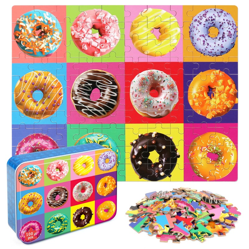 LELEMON Puzzles for Kids Ages 46Donut 100 Piece Puzzles for Kids in a Metal Box Educational Jigsaw Puzzles 100 Piece Puzzle Games Puzzle Toys for Girls and Boys - Image 3