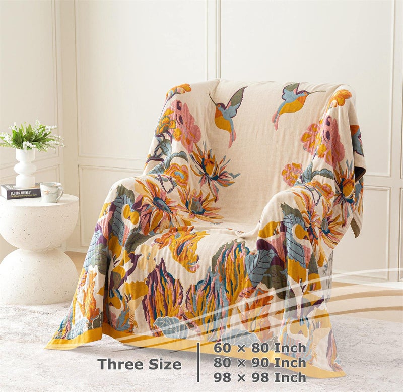 LUTBM Boho Throw Blanket for Bed 100% Cotton Ultra Soft Rustic Quilt Floral Printed Farmhouse Decor Fall Bed Blankets,98"×98" All Season Rustic Throw for Sofa Couch Chair - Image 5