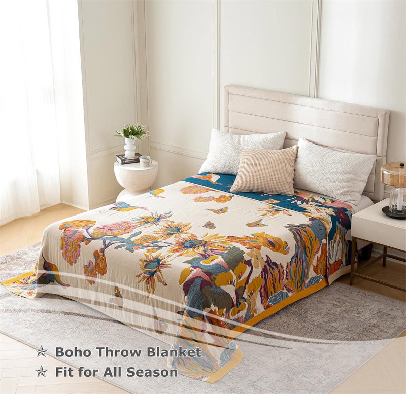 LUTBM Boho Throw Blanket for Bed 100% Cotton Ultra Soft Rustic Quilt Floral Printed Farmhouse Decor Fall Bed Blankets,98"×98" All Season Rustic Throw for Sofa Couch Chair - Image 3