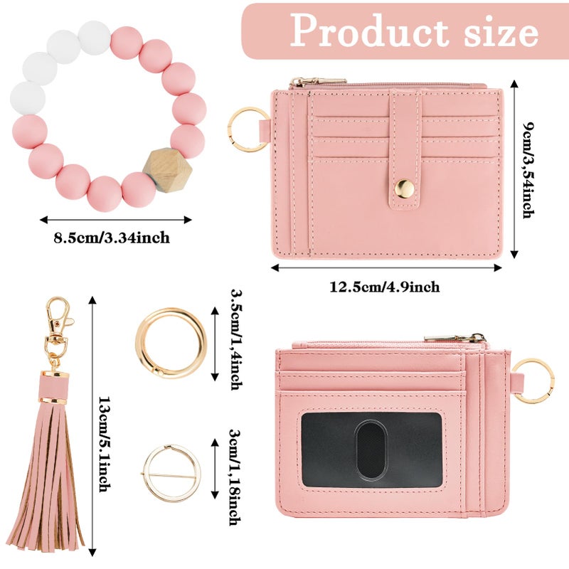 KNGITRYI Wallet Keychain Wristlet for Women,Slim RFID Credit Card Holder Purse Tassel Keychain Bangle Key Ring for Men Women(Pink) - Image 2