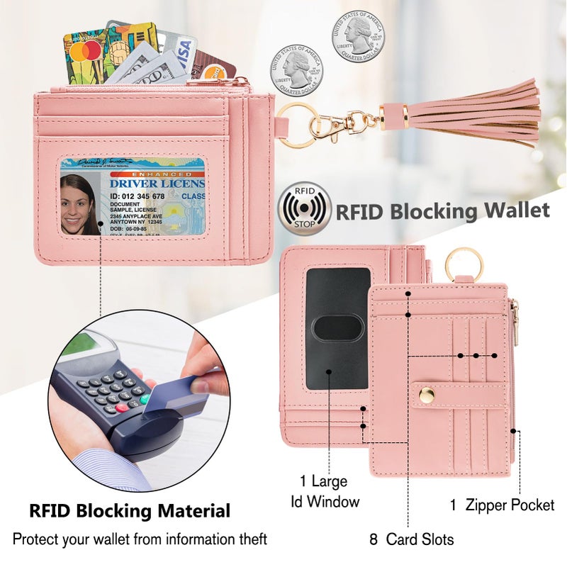 KNGITRYI Wallet Keychain Wristlet for Women,Slim RFID Credit Card Holder Purse Tassel Keychain Bangle Key Ring for Men Women(Pink) - Image 3