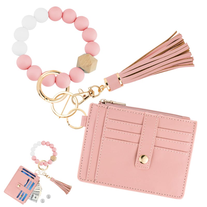 KNGITRYI Wallet Keychain Wristlet for Women,Slim RFID Credit Card Holder Purse Tassel Keychain Bangle Key Ring for Men Women(Pink) - Image 1