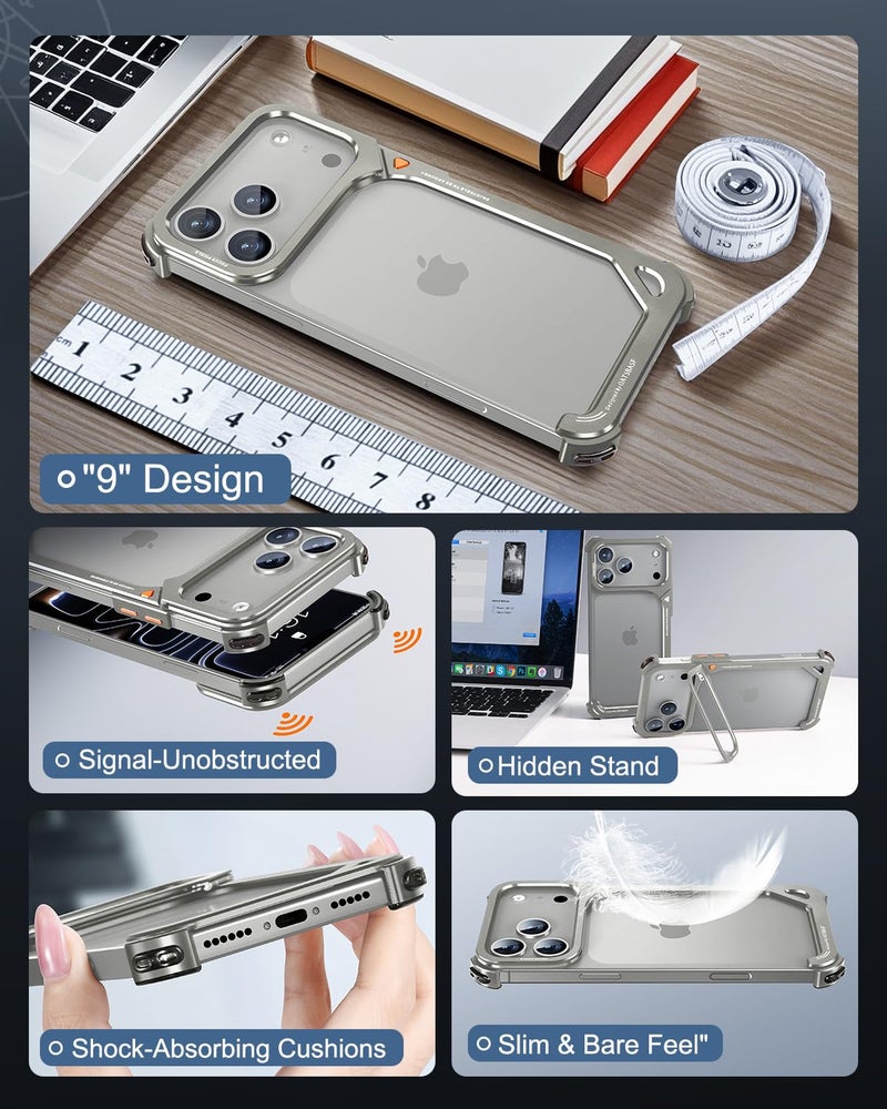 OATSBASF 9 Case for iPhone 17 Pro Max Bumper Case Metal, Aluminum Frame Slim Fit No Back Design, Compatible with MagSafe, Shockproof Protection, Minimalist Frameless Phone Case, Natural Titanium - Image 5