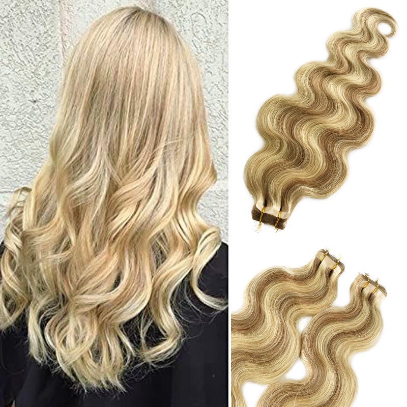 Curly Tape in Hair Extensions Highlights 12 Golden Brown to 613 Blonde 24 Body Wavy Human Hair Extensions 70grams20pcs Soft Silky Seamless Glue in Extensions