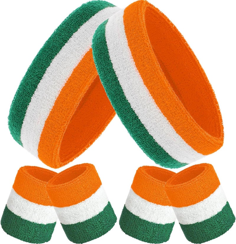 Bememo 6 Pcs Neon Sweatbands Set for Men Women 80s Tennis Striped Headband Sports Wristband Set Costumes Glow Cosplay Party - Image 1