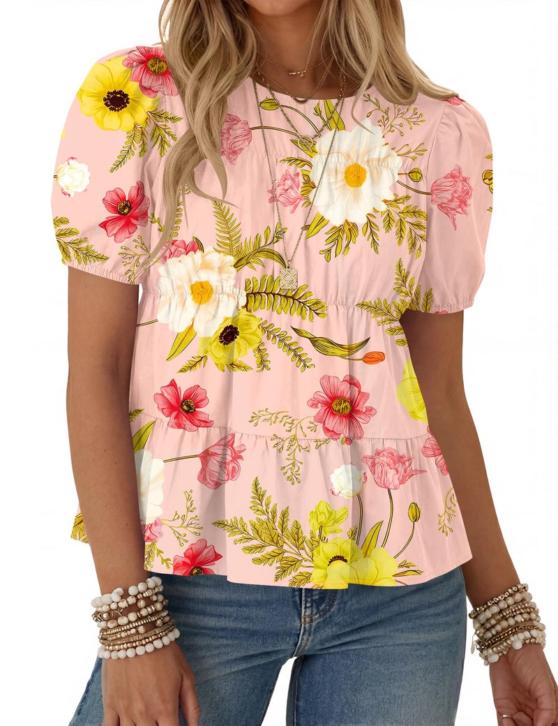 Rapbin Women's Puff Sleeve Crew Neck Blouses Cute Flowy Babydoll Tops Loose Fit Dressy Cuasal Shirtï¼ˆPink Floral Sï¼‰ - Image 1