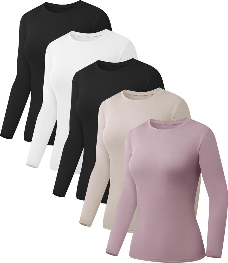 Kinglaman 5 Pack Womens Basic Long Sleeve Shirts Crew Neck Slim-Fit Fitted T Shirts Tops Undershirts Underscrub Baselayer 2 Black 1 White 1 Apricot 1 Pink X-Small - Image 1