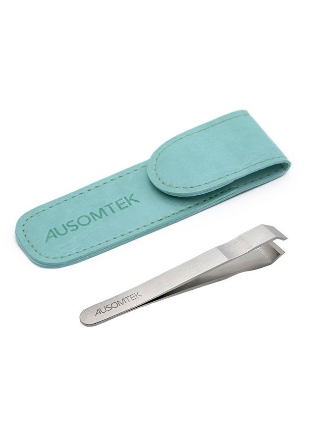 Ausomtek - Usomtek Beard Tweezers Hair Plucking Tweezers Fine Hair Removal Tweezers Eyebrows Tool Stainless Steel 10Mm Tip Antislip Slot Design Cyan Pu Case 1Pack - Image 1