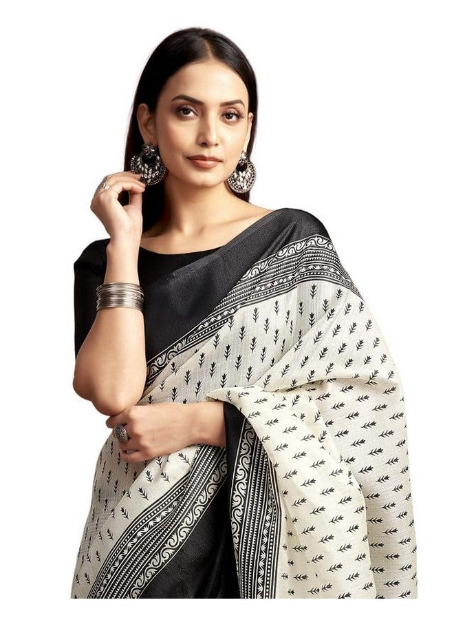 SIRIL Women's Cotton Saree | Printed Saree With Unstitched Blouse Piece (3999S122A_Off White & Black) - Image 1