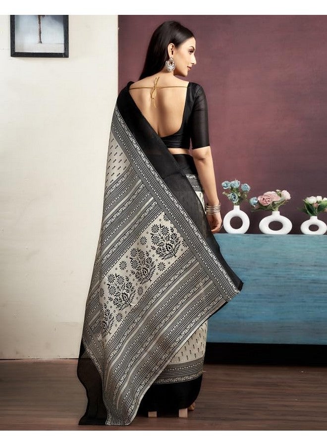 SIRIL Women's Cotton Saree | Printed Saree With Unstitched Blouse Piece (3999S122A_Off White & Black) - Image 5