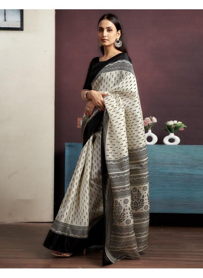 SIRIL Women's Cotton Saree | Printed Saree With Unstitched Blouse Piece (3999S122A_Off White & Black) - Image 3