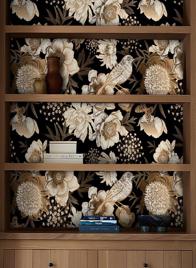 ReWallpaper Vintage Black and Gold Floral Peel and stick Wallpaper Bird Wall Paper for Bathroom 17.5in×23ft Self Adhesive Flower Contact Paper for Kitchen Walls Renter Friendly Accent Wall Living Room - Image 3
