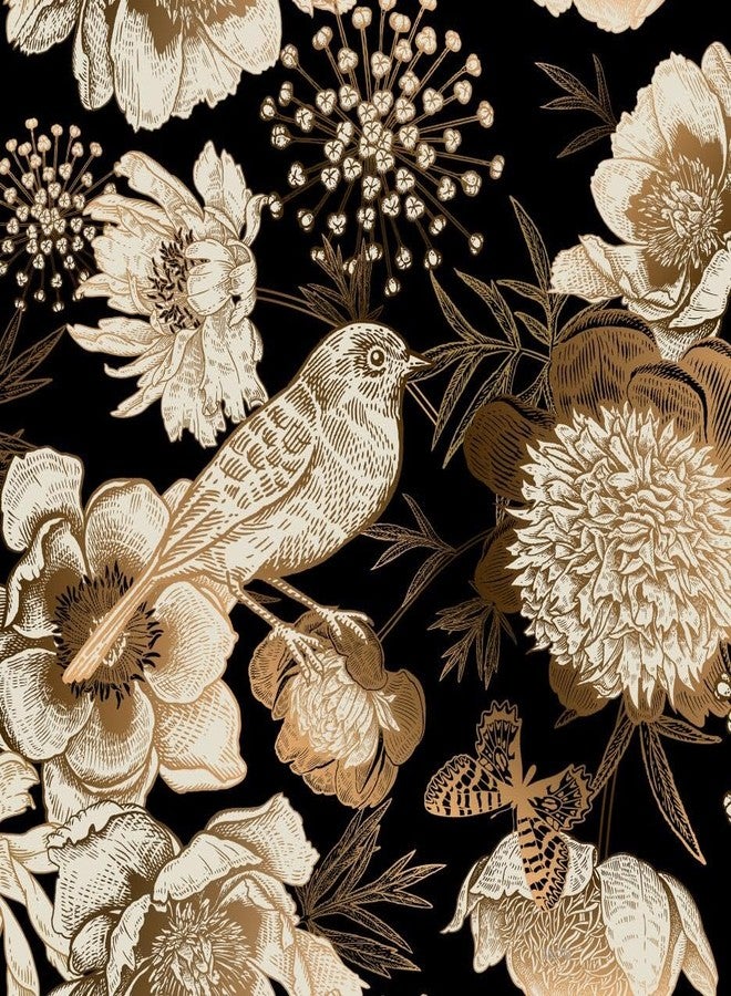 ReWallpaper Vintage Black and Gold Floral Peel and stick Wallpaper Bird Wall Paper for Bathroom 17.5in×23ft Self Adhesive Flower Contact Paper for Kitchen Walls Renter Friendly Accent Wall Living Room - Image 1