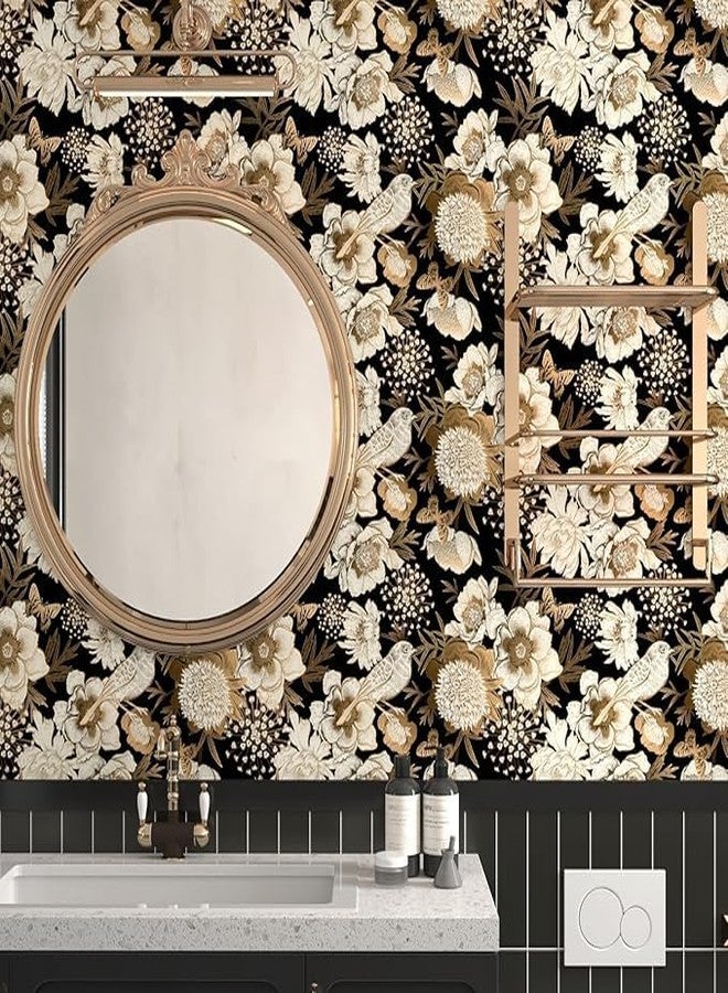 ReWallpaper Vintage Black and Gold Floral Peel and stick Wallpaper Bird Wall Paper for Bathroom 17.5in×23ft Self Adhesive Flower Contact Paper for Kitchen Walls Renter Friendly Accent Wall Living Room - Image 2