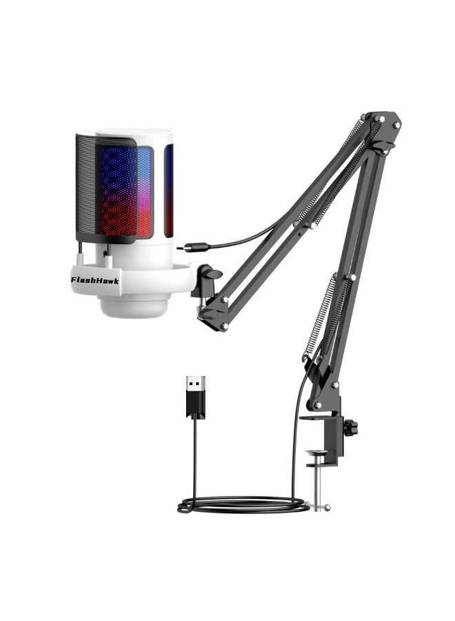 FlashHawk RGB Gaming Microphone | Adjustable Boom Arm | USB/Type-C Condenser Microphone | Pop Filter & Mute Button | PS4/5/PC/Mobile | 2.5m Cable & Active Noise Cancellation, White - Image 1
