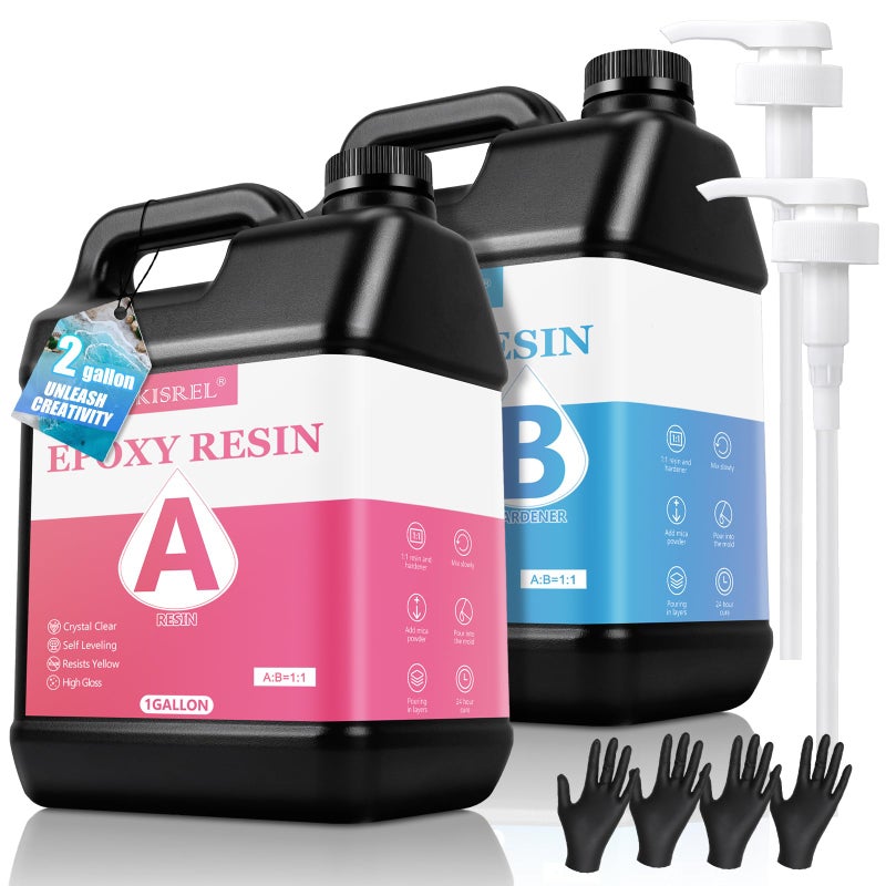 KISREL Epoxy Resin 2Gallon  Crystal Clear Epoxy Resin Kit  No Yellowing No Bubble Art Resin Casting Resin for Art Crafts Jewelry Making Wood  Resin Molds1 Gallon x 2