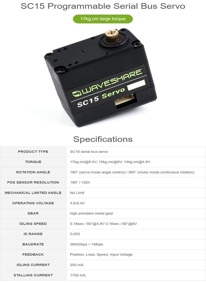 Waveshare SC15 17kg Large Torque Programmable Serial Bus Servo 17kg.cm Large Torque - Image 3
