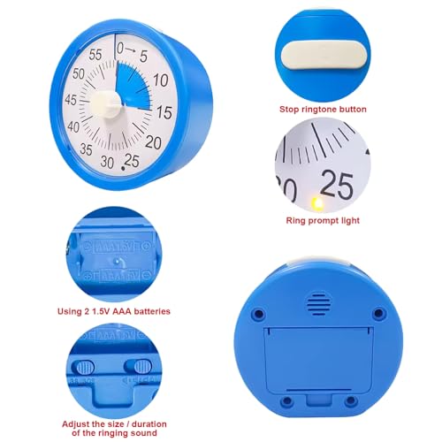 The AutoStory 60 Minute Visual Timer Clock – Silent Countdown Timer for Kids & Adults | Time Management for Classroom, Kitchen, Study, Office, ADHD, Homeschool, Tasks & Games (Round, Blue) - Image 5