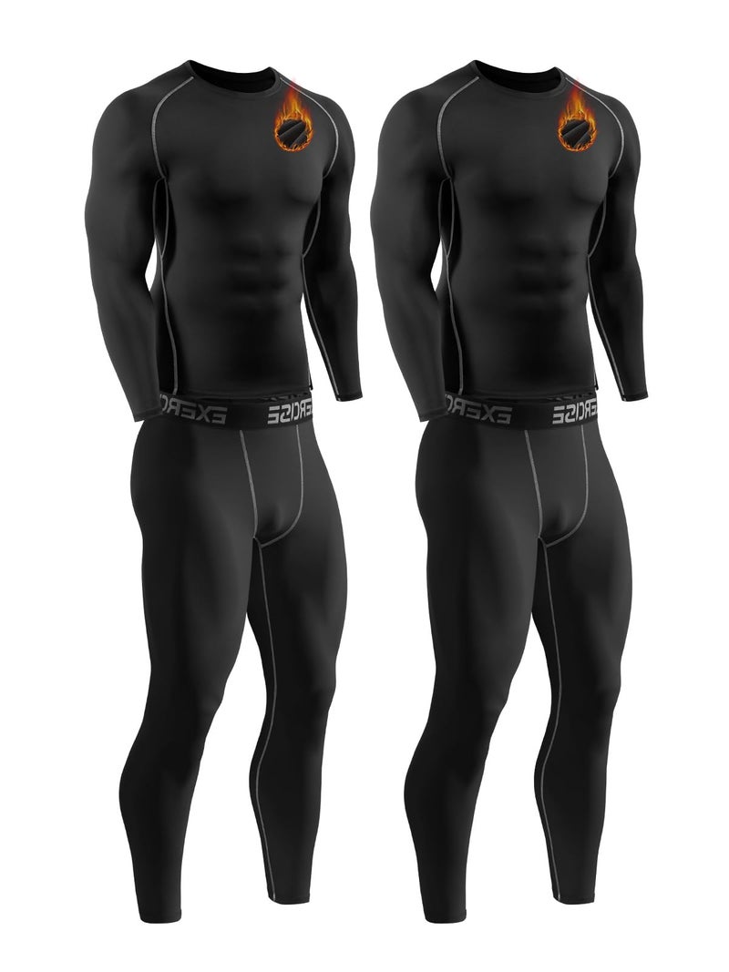 Celfaeree 2 Packs Compression Set Men Thermal Underwear for Men Long Johns for Mens Thermals Top and Bottom Set Black/Black M - Image 1