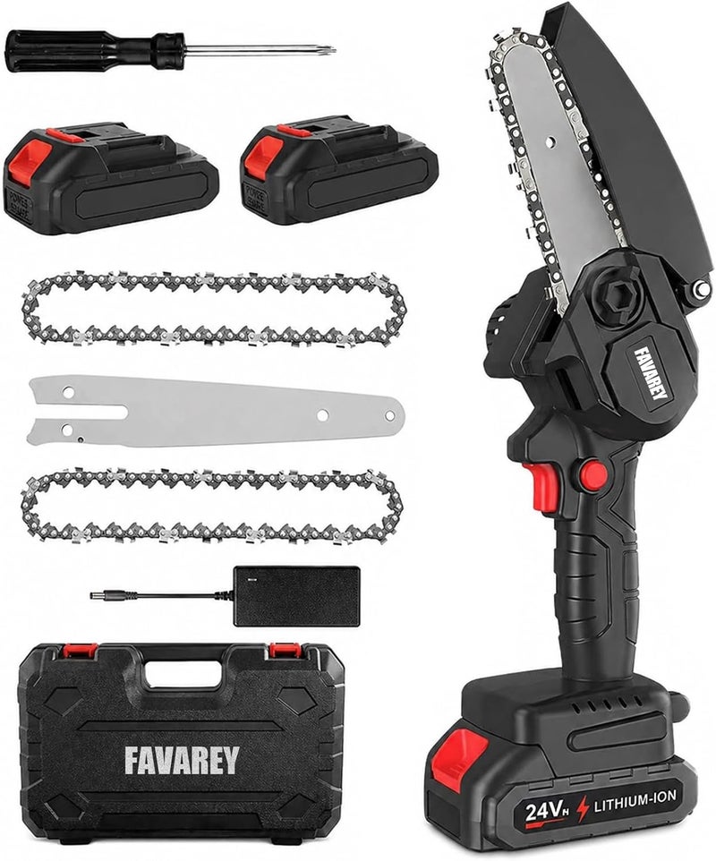 Favarey Cordless Mini Chainsaw, 6 Inch Upgraded 24V Electric Chainsaw 2 * 1500mAh Battery Powered, Gardening Branch Wood Cutting, Handheld Mini Chainsaw for Tree Pruning - Image 1