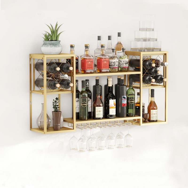 KaKaBB Metal Wall Mounted Wine Rack with Glass Holder, 2 Tier Mini Floating Bar Shelves, Liquor Bottle Display Shelf for Home Bar Kitchen Dining Room (Gold) - Image 1