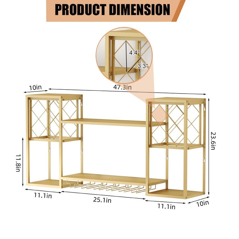 KaKaBB Metal Wall Mounted Wine Rack with Glass Holder, 2 Tier Mini Floating Bar Shelves, Liquor Bottle Display Shelf for Home Bar Kitchen Dining Room (Gold) - Image 2