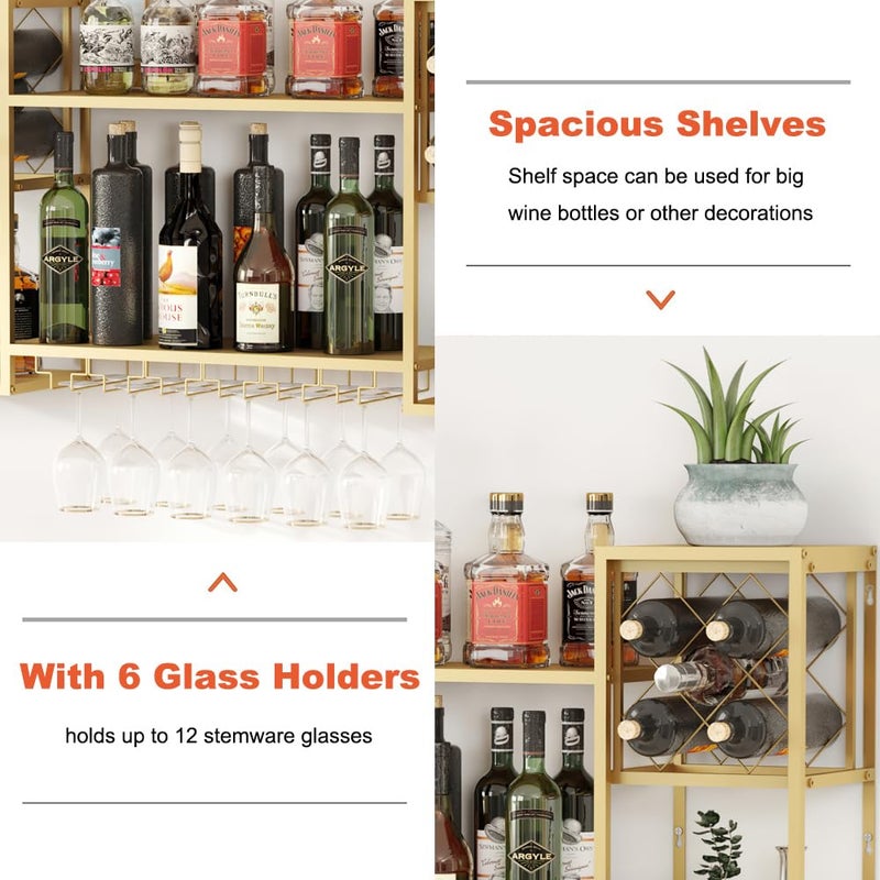 KaKaBB Metal Wall Mounted Wine Rack with Glass Holder, 2 Tier Mini Floating Bar Shelves, Liquor Bottle Display Shelf for Home Bar Kitchen Dining Room (Gold) - Image 3