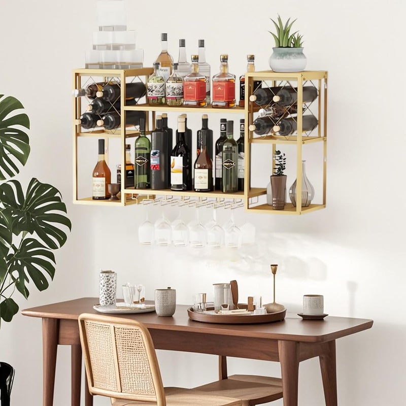 KaKaBB Metal Wall Mounted Wine Rack with Glass Holder, 2 Tier Mini Floating Bar Shelves, Liquor Bottle Display Shelf for Home Bar Kitchen Dining Room (Gold) - Image 4