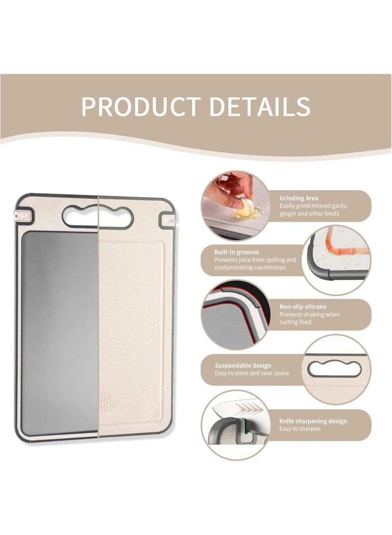 Eesyy Double Sided Multi-Purpose Steel Cutting Board, 304 Stainless Steel Chopping Board for Meat Vegetables Fruits, Built-in Knife Sharpener Garlic Grater, Juice Groove Handle, 37 x 25 cm - Image 2
