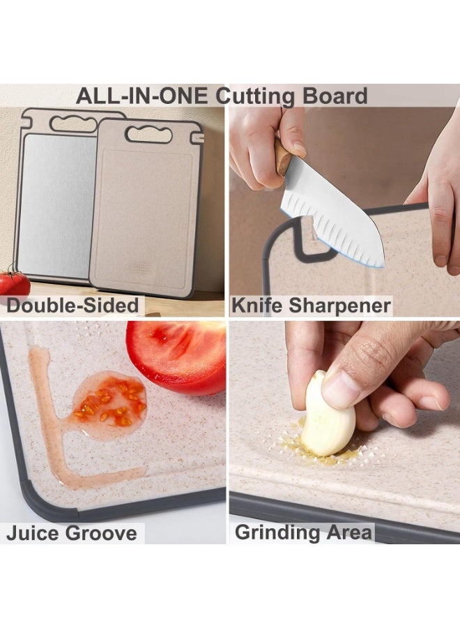 Eesyy Double Sided Multi-Purpose Steel Cutting Board, 304 Stainless Steel Chopping Board for Meat Vegetables Fruits, Built-in Knife Sharpener Garlic Grater, Juice Groove Handle, 37 x 25 cm - Image 3
